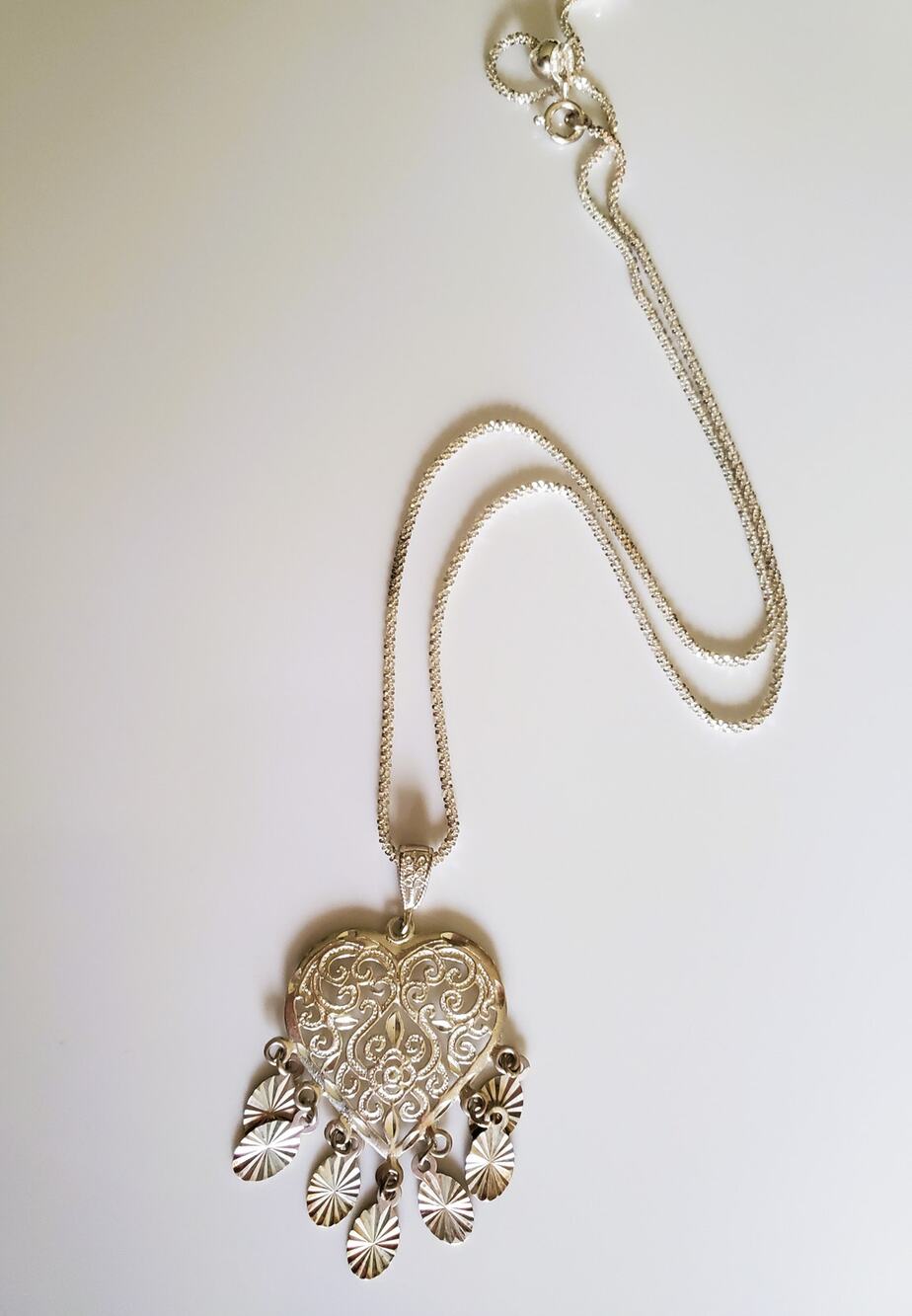 Vintage Diamond Etched Sterling Silver Heart Necklace